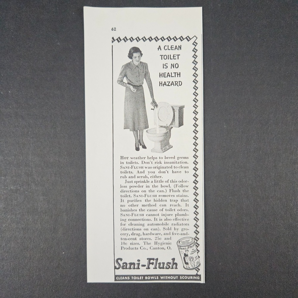 1938 Sani-Flush Cleans Toilet Bowls Without Scouring Vintage‎ Print Ad Bathroom